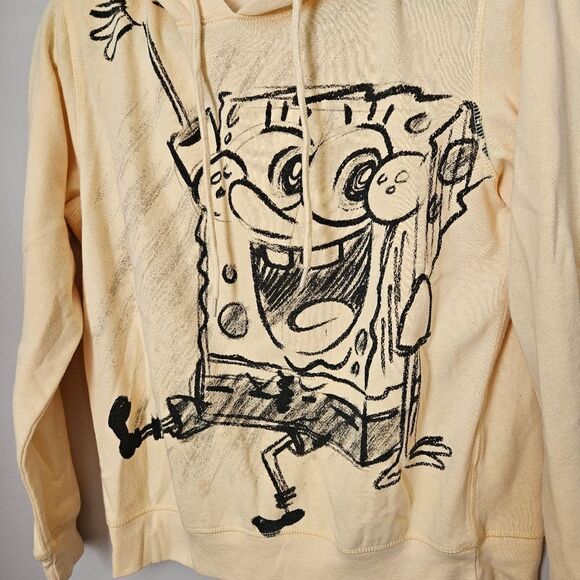 Nickelodeon Hooded Sweatshirt Spongebob Sketch Graphic Light Yellow Black Casual - Picture 2 of 7
